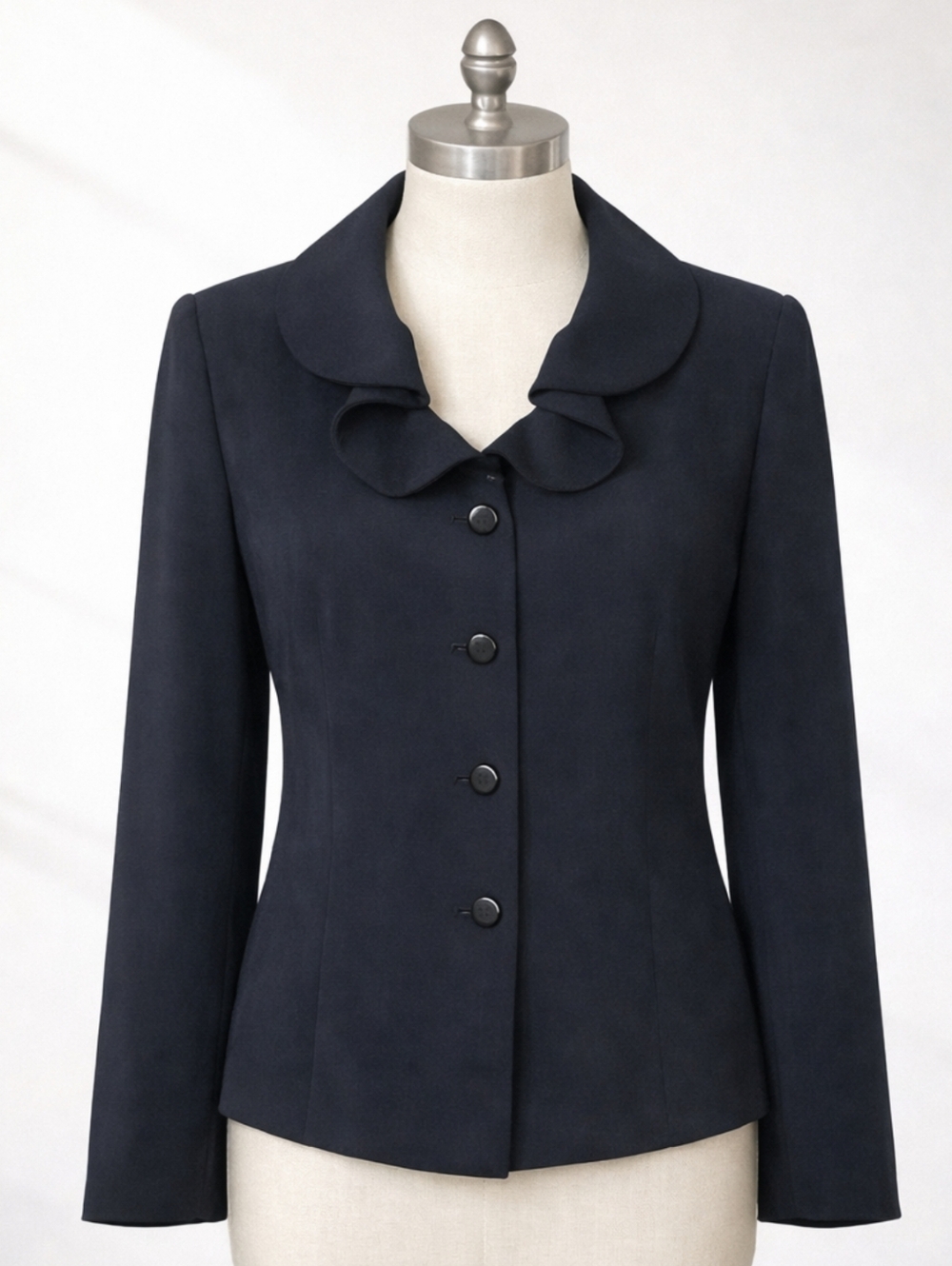 Vintage DRESS BARN Black Ruffle Collar Blazer Fitted Hourglass Jacket Size Small